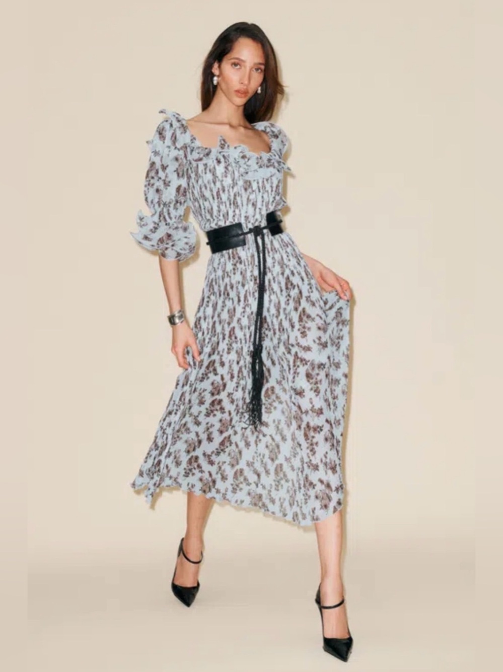 Reformation The Collection Fann Blue silk Floral Dress Powder Tossed Lily size 2